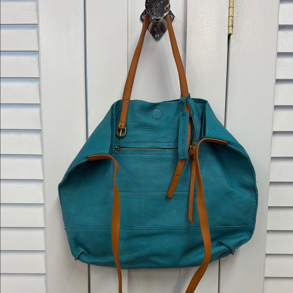 NWT Linea Pelle Teal Leather Tote Bag with Tan Straps